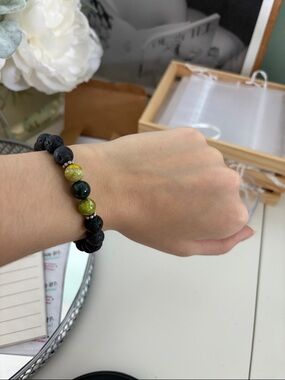 Black Lava Bead Bracelet with Green Accent Beads